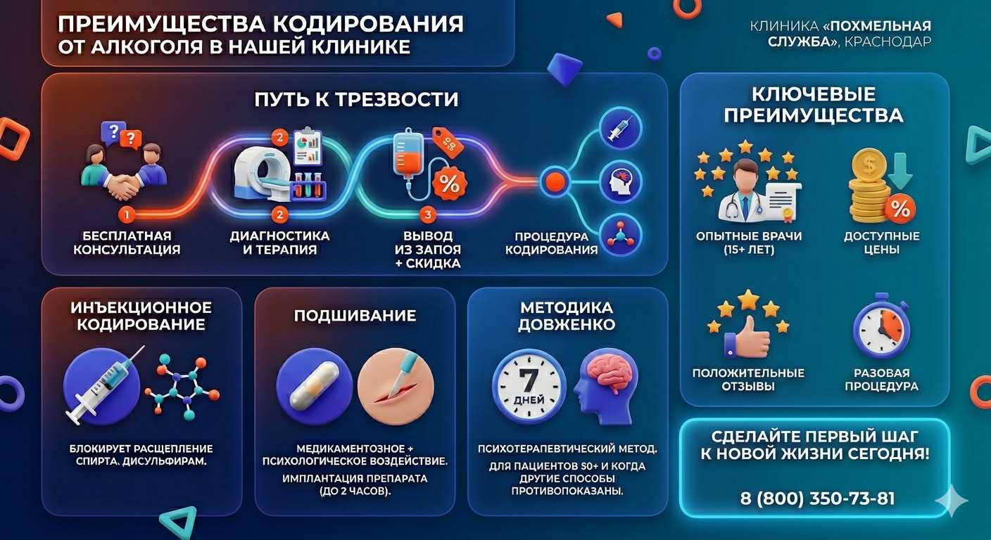 Инфографика о методах кодирования от алкоголя в Сортавале: инъекции, подшивание, метод Довженко. Преимущества клиники и этапы лечения.