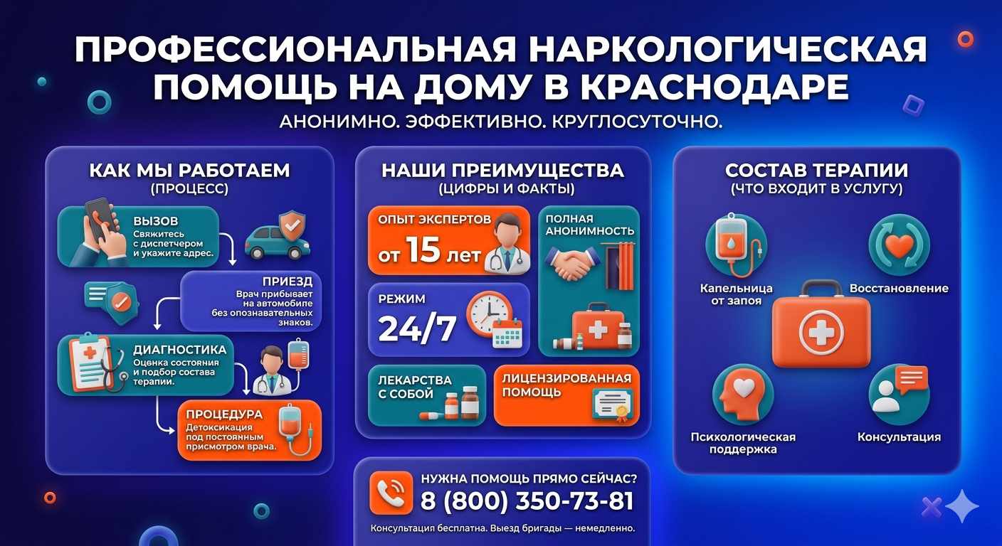 Инфографика о принципах лечения алкоголизма на дому в Сортавале: этапы вызова нарколога, преимущества анонимной детоксикации и состав медицинской помощи.